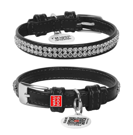 Шкіряний нашийник для собак WAUDOG Glamour «Полотно стрази», чорний, XS, 12 мм