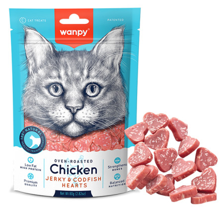 Wanpy Chicken Jerky & Codfish Hearts Сердечка з куркою та тріскою для котів 80 г