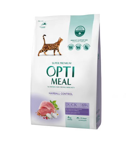 Optimeal Adult Cats hairball control duck 4 кг