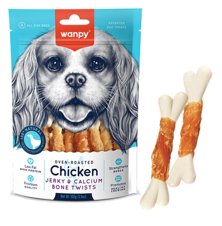 Wanpy Chicken Jerky & Calcium Bone Twists Кістка з куркою та кальцієм для собак 100 г