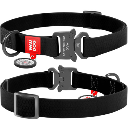 Нашийник для собак WAUDOG Waterproof з QR паспортом, металева пряжка-фастекс, чорний, M, 20 мм