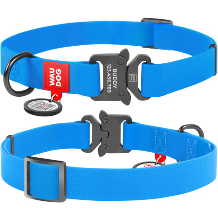 Нашийник для собак WAUDOG Waterproof з QR паспортом, металева пряжка-фастекс, блакитний, S, 15 мм