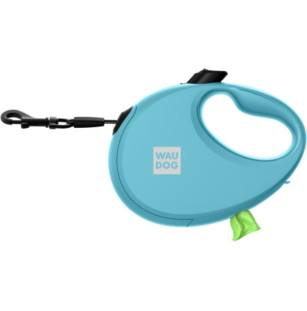 Повідець-рулетка для собак WAUDOG R-leash зі світловідбивною стрічкою та контейнером для пакетів, блакитний, розмір М (до 20 кг)