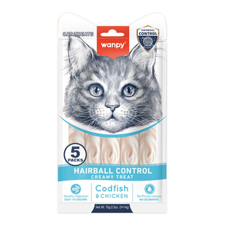 Wanpy Functional Creamy Lickable Treat Hairball Control Кремові ласощі з куркою та тріскою для котів з функцією виведення шерсті