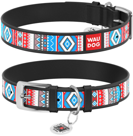 Нашийник для собак шкіряний WAUDOG Design з QR паспортом, "Етно", чорний, XS, 12 мм