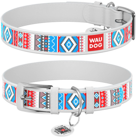 Нашийник для собак шкіряний WAUDOG Design з QR паспортом, "Етно", білий, M, 20 мм